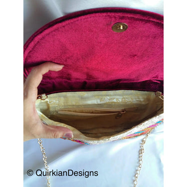 Maroon Red Velvet Fabric Clutch Purse With Red, Green, Yellow, Orange, Black, Pink And Gold Floral Embroidery, Wedding Clutch, Party Bag